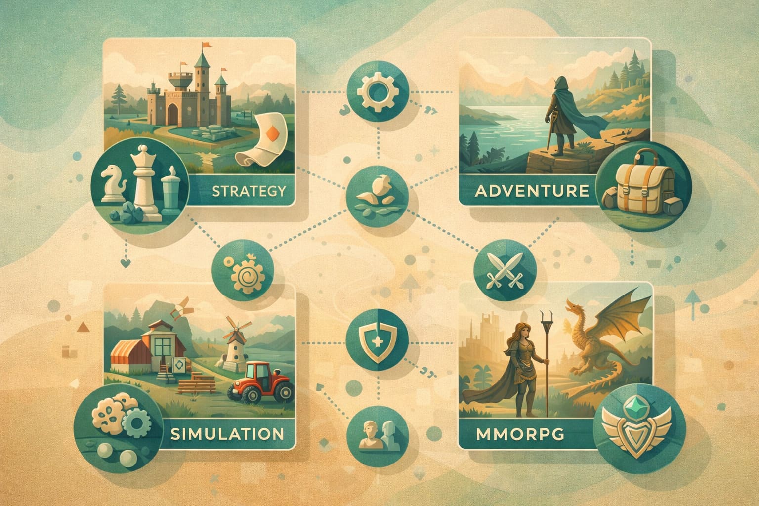 Mappa visuale di generi e categorie per giochi browser, strategia, simulazione e MMORPG.