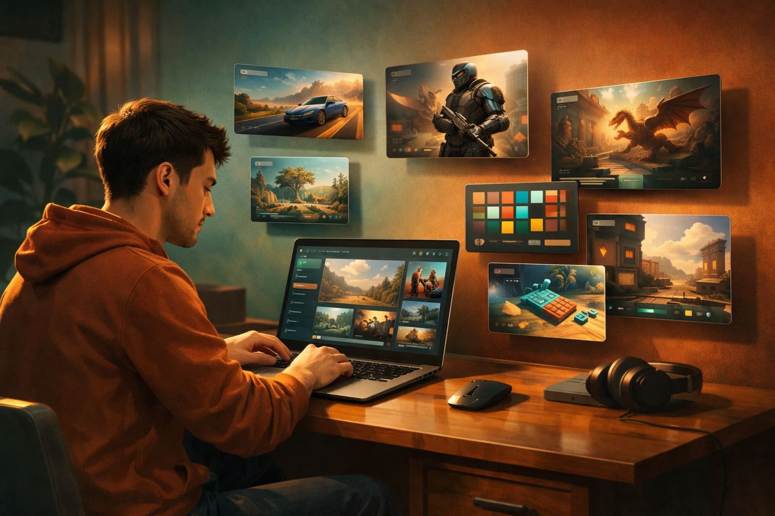 Persona che esplora una piattaforma di gioco dal portatile in un contesto editoriale moderno.